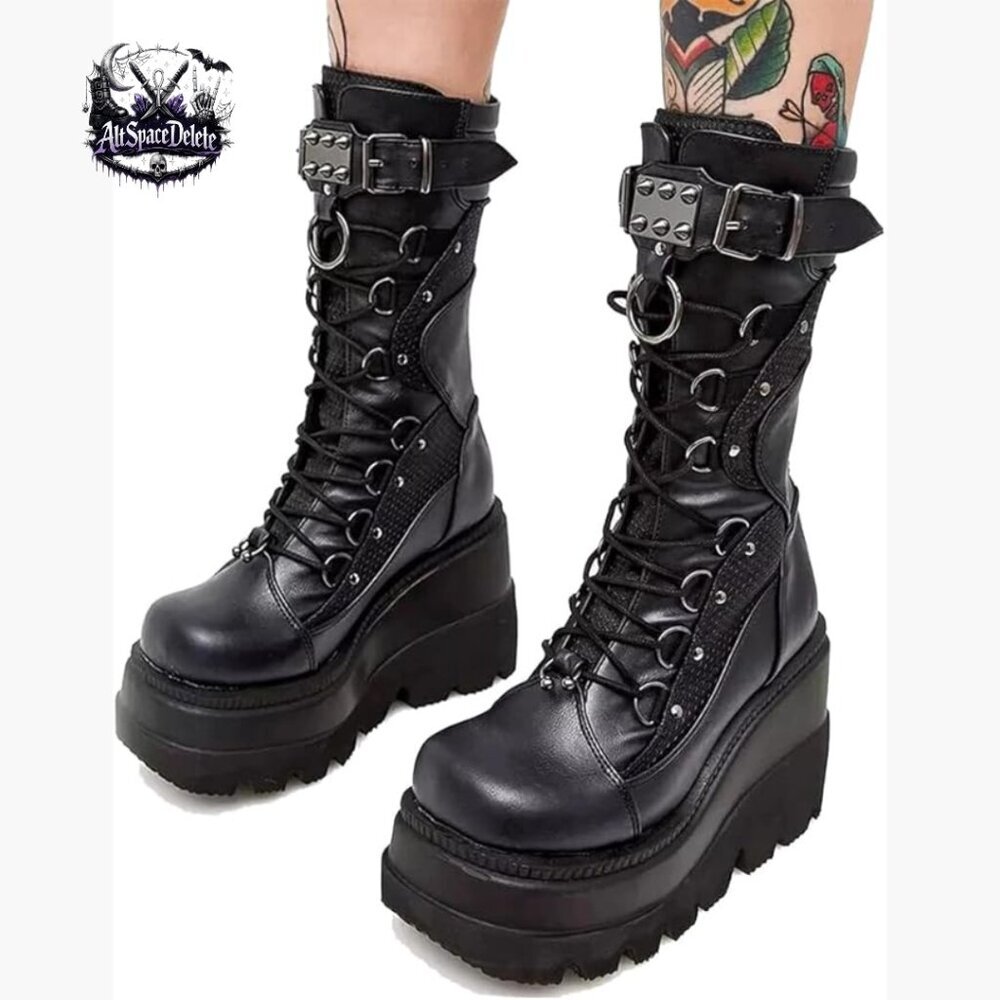 Women's Platform Combat Boots Chunky Wedge Heel Lace-Up Zipper Mid Calf